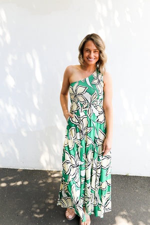 Henley One Shoulder Dress (Green Floral)