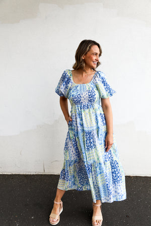 
            
                Load image into Gallery viewer, Myla Dress (Blue Print Multi)
            
        