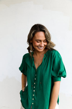 
            
                Load image into Gallery viewer, Carrie Ballon Sleeve Top (Emerald)
            
        