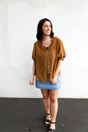 
            
                Load image into Gallery viewer, Carrie Ballon Sleeve Top (Tan)
            
        