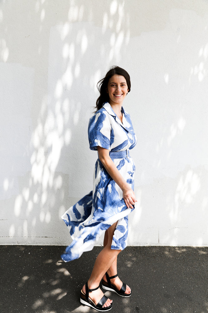 Maxine Dress (Blue Palm Print)