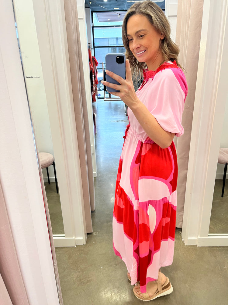 
            
                Load image into Gallery viewer, Joan Dress (Pink &amp;amp; Red Print)
            
        