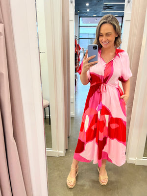 
            
                Load image into Gallery viewer, Joan Dress (Pink &amp;amp; Red Print)
            
        