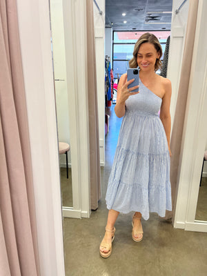 Molli One Shoulder Dress (Blue Stripe)