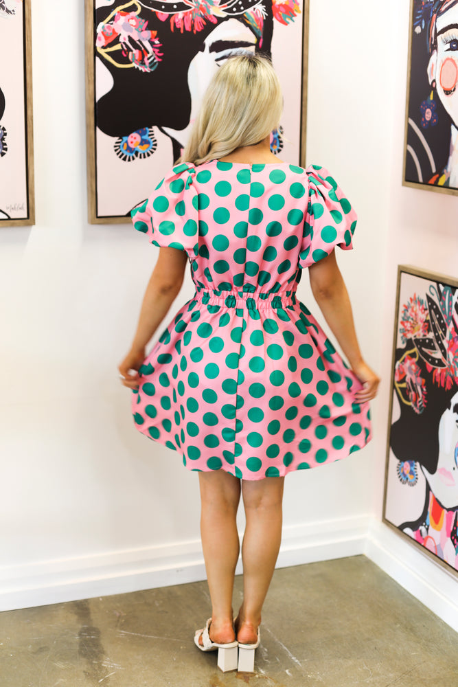 Tay Dress (Green & Pink Polka Dot)