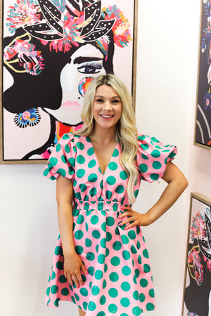 Tay Dress (Green & Pink Polka Dot)